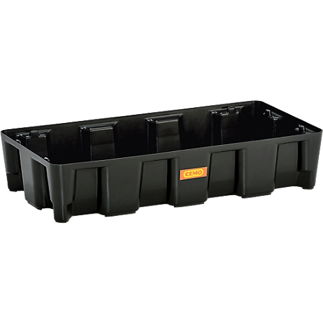 Black rectangular box with rectangular recesses on the side, a small orange label is visible.