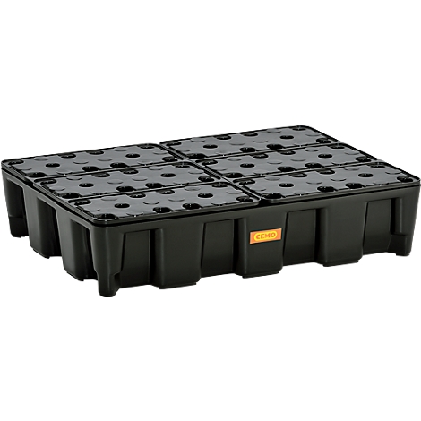 Black spill containment tray with a rectangular shape and holes on top. An orange sticker is visible on the side.