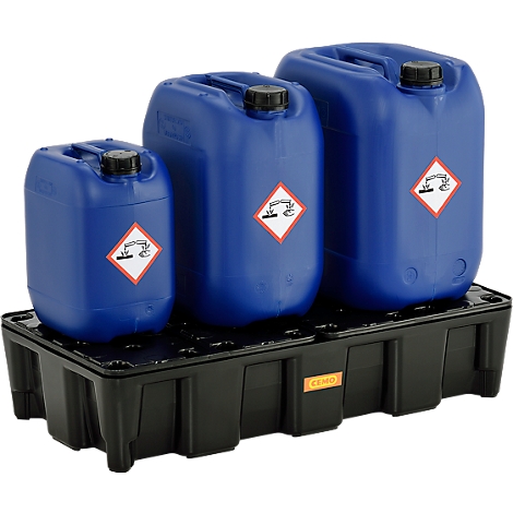 Three blue canisters of different sizes on a black spill containment pallet. Hazard symbol.