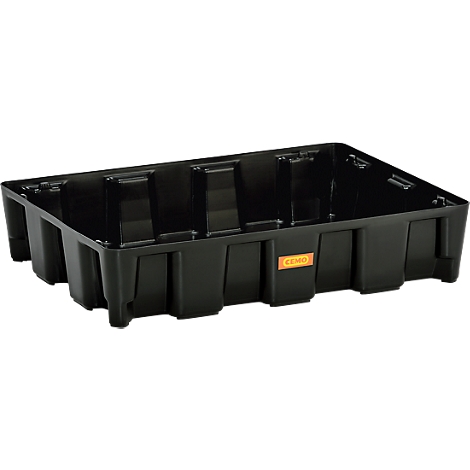 Black plastic tub with a CE mark. Divided inside, with vertical ribs on the outside. The edge is inclined outwards.