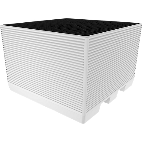 A white, cuboid filter with ribbed sides and a black, perforated top.