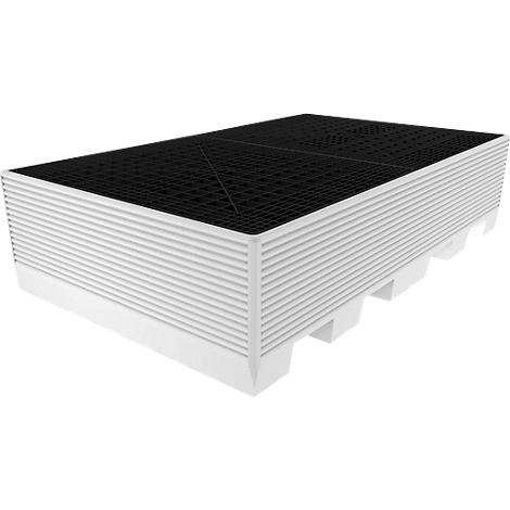 White and black plastic pallet with grid structure and ribs. Stacked.