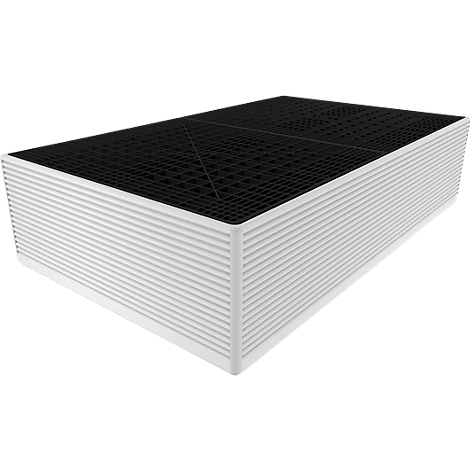 Cuboid white object with ribbed sides, black grid pattern on top.
