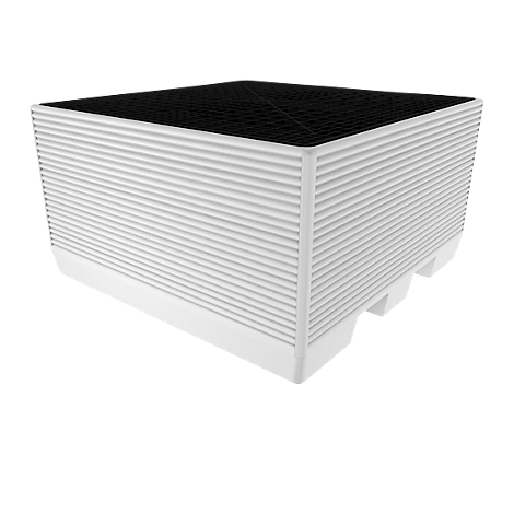 White, rectangular container with ribbed sides and a black, honeycomb-patterned lid. Feet are indicated at the bottom.