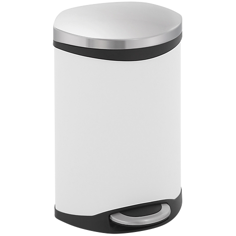 White step trash can with silver lid and black rim.