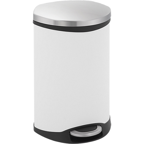 White trash can with silver lid, black rim and foot pedal. The lid is slightly curved.