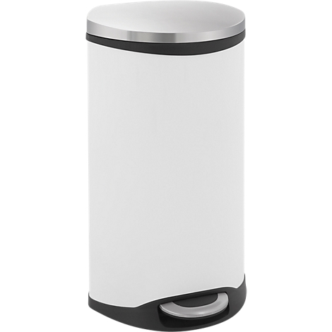 White step bin with stainless steel lid and black tread. Curved shape.