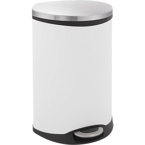 White trash can with lid, foot pedal. Stainless steel top, black border. Black base with pedal at the bottom.