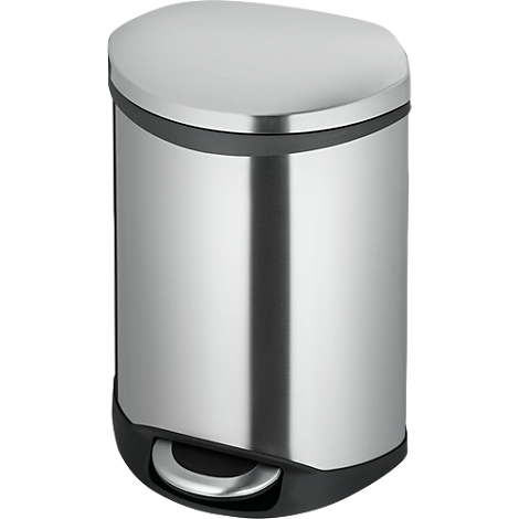 Stainless steel step trash can with oval lid, black base and pedal.