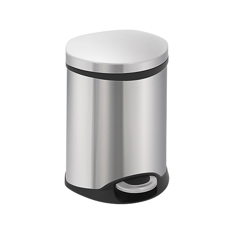 Stainless steel pedal bin with black base, lid, and step.