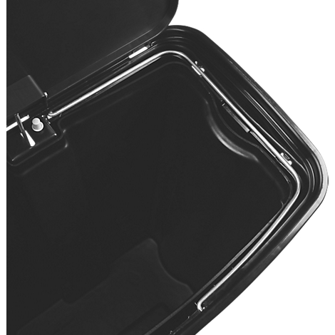 Close-up: Black, glossy box with metal frame and hinges.