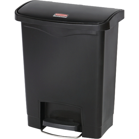 Black trash can with lid and foot pedal.