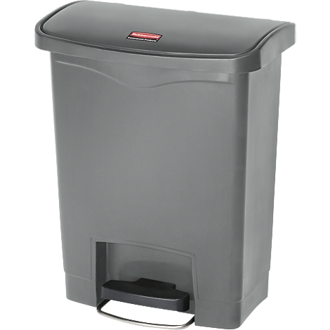 Gray trash can with lid and foot pedal.