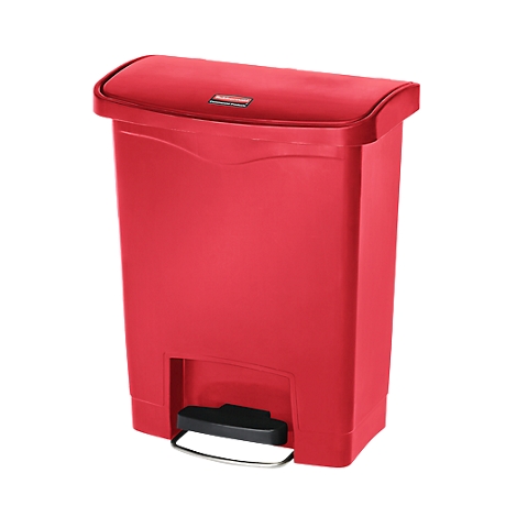 Red trash can with lid and foot pedal. There is a small lettering on the lid.