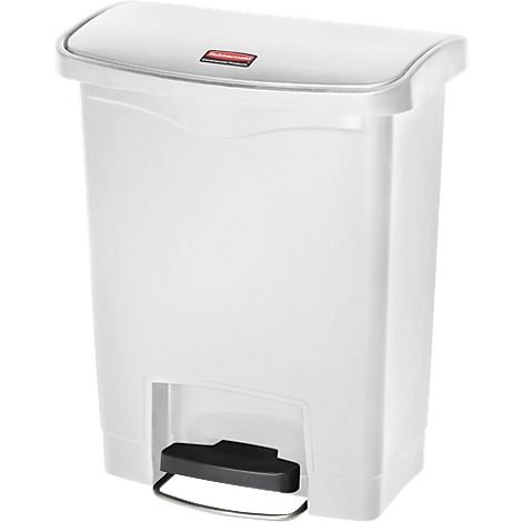 White trash can with lid and foot pedal. There is a red rectangle with lettering on the lid.