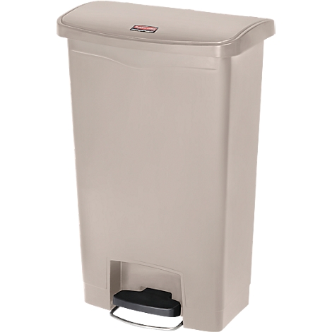 Beige trash can with lid and foot pedal. Red logo at the top left. The bin is set against a white background.