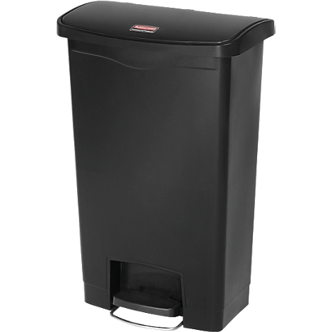 Black trash can with lid and foot pedal, a brand logo on top.