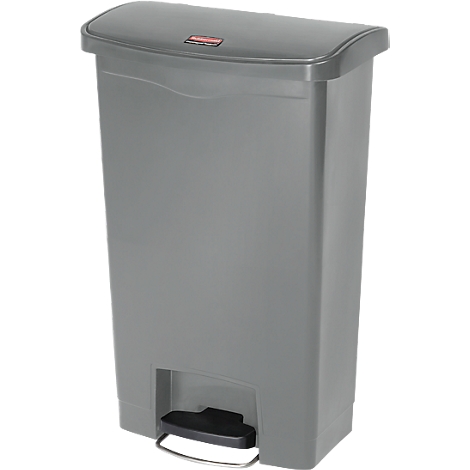 Grey step trash can with lid and foot pedal.