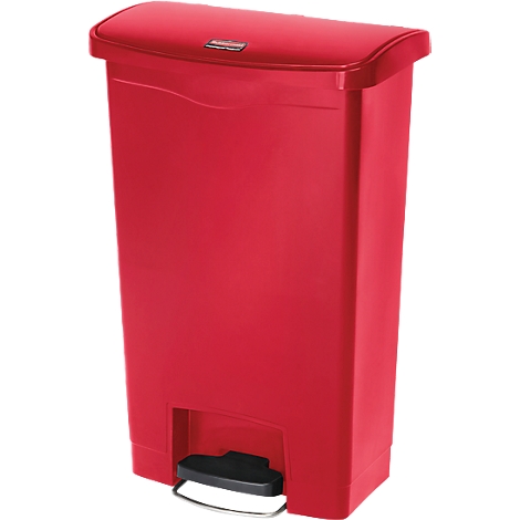 Red step trash can with lid. A black step is at the bottom.