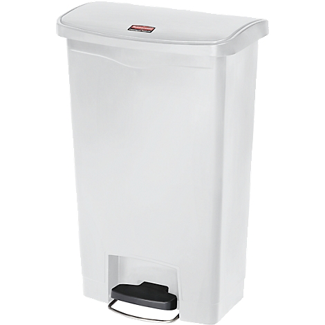 White step trash can with lid and foot pedal. There is a red logo on the lid.