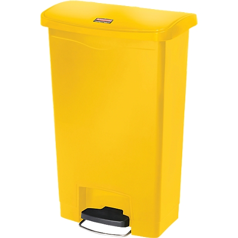 Yellow trash can with lid. Black foot pedal to open.
