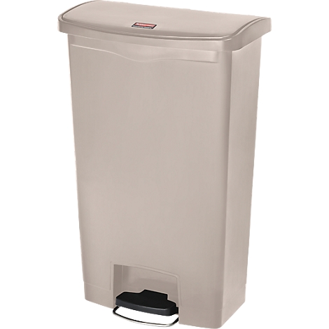 Beige trash can with lid and foot pedal. Small red rectangle at the top. Black pedal, chrome-colored metal bracket.