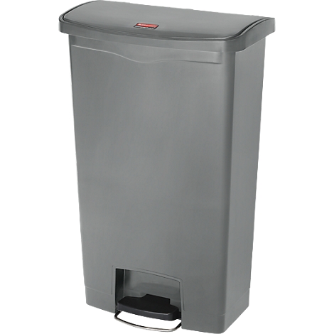 Grey trash can with lid, step function and logo. The lid is slightly rounded. At the bottom is the foot pedal.