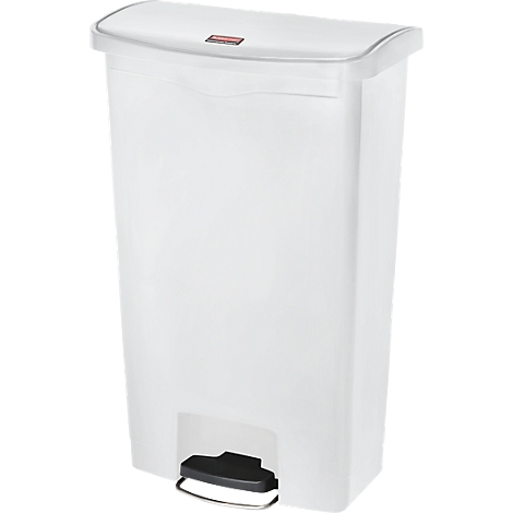 White trash can with lid and pedal. There is a red rectangle with text on the lid.
