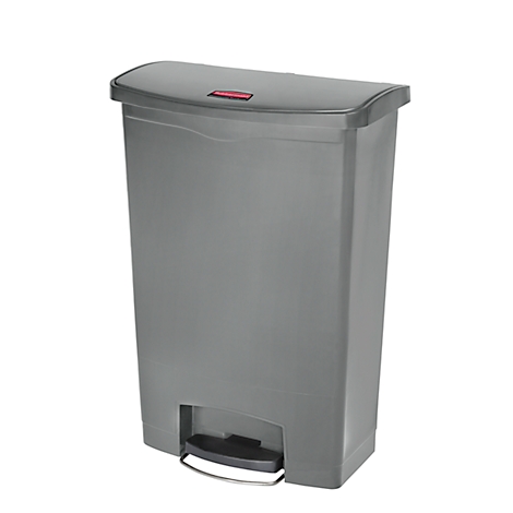 Gray trash can with lid and foot pedal.