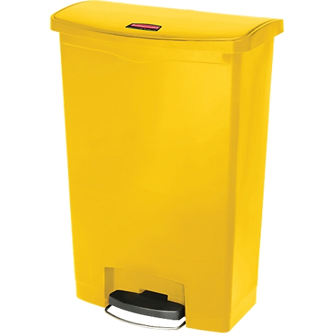 Yellow trash can with lid and foot pedal.