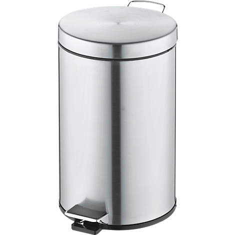 Stainless steel pedal bin. Round, with lid and handle. Black step. Metallic shine.