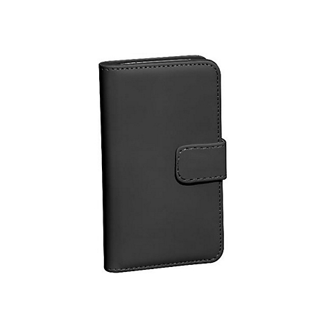 Schwarze, geschlossene Smartphone-Klapphülle aus Leder mit seitlicher Verschlusslasche auf weißem Grund.