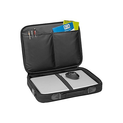 GeÃ¶ffnete schwarze Laptoptasche mit Laptop, Maus und Stiften.