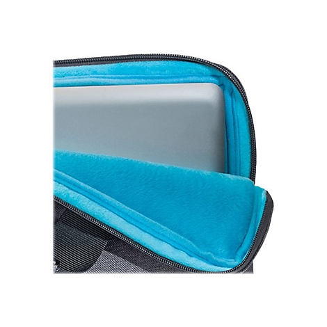 Nahaufnahme einer Laptop-Tasche. Innen hellblaues Futter, Reißverschluss und schwarzes Gehäuse.