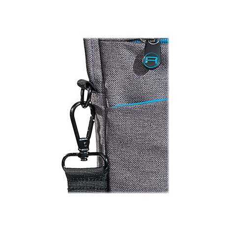 Detailansicht einer grauen Tasche mit blauem Reißverschluss und Metallschnalle.