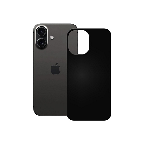 Rückseite eines dunkelgrauen iPhones neben einer schwarzen Handyhülle vor weißem Hintergrund.