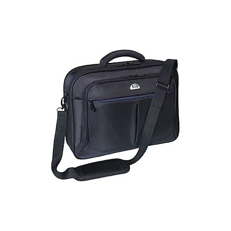 Schwarze Laptoptasche mit Tragegriff und Schulterriemen. Zwei Fronttaschen, silbernes Logo.