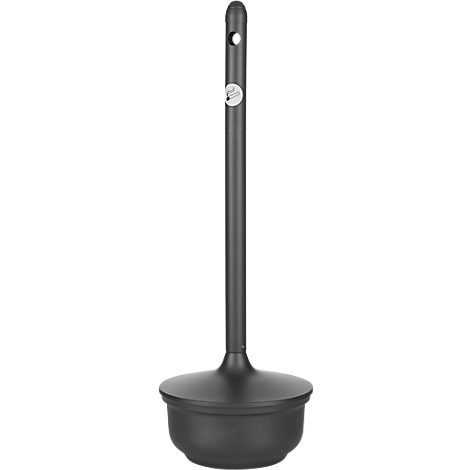 Gray standing ashtray construction with cylindrical shaft and round lid.