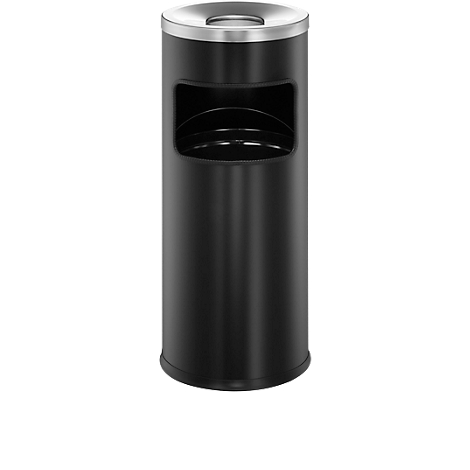 Black metal trash can with an opening. Lid and top edge are silver.