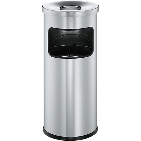 A cylindrical, silver trash can with a rectangular opening and a round lid.