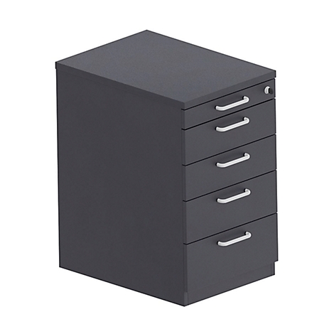 Dark grey pedestal with four drawers and silver handles, against a white background.