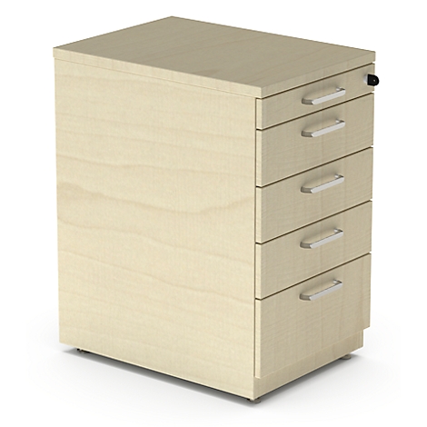 Beige mobile pedestal with four drawers and silver handles.