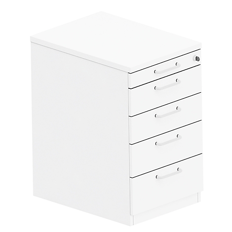 White pedestal with four drawers and a lock.
