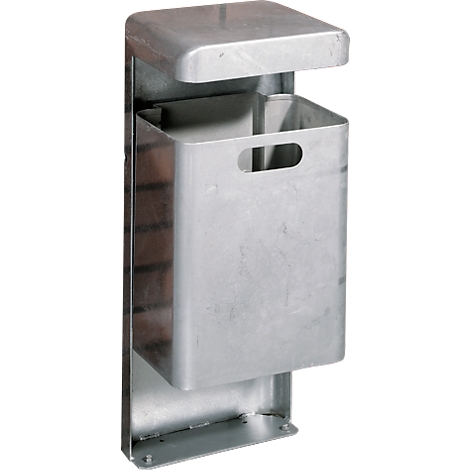 A metal wall-mounted waste container; lid, container, and bracket are visible. The container is mounted on a brick wall.