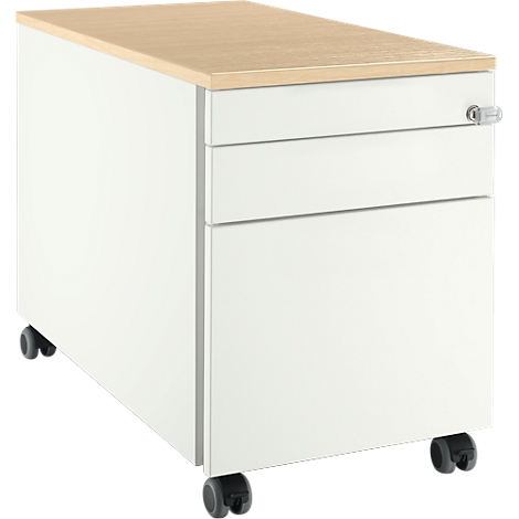 Contenedor de oficina blanco con ruedas, con tapa de mesa marrón claro y tres cajones. Hay una cerradura en la esquina derecha.