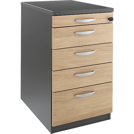 Grey filing cabinet with five drawers with wooden fronts and metal handles. There is a lock on top.