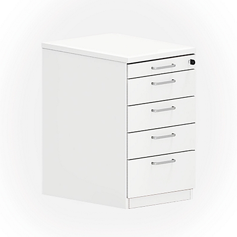 White pedestal with five drawers and silver handles against a white background.