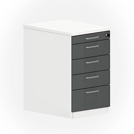 A white mobile pedestal with four gray drawers and silver handles. There is a lock on top.