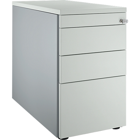 Contenedor de oficina rectangular gris con tres cajones y una cerradura.