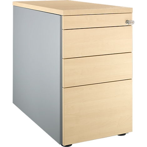 Cajonera beige con tres cajones, cerradura y lateral gris.